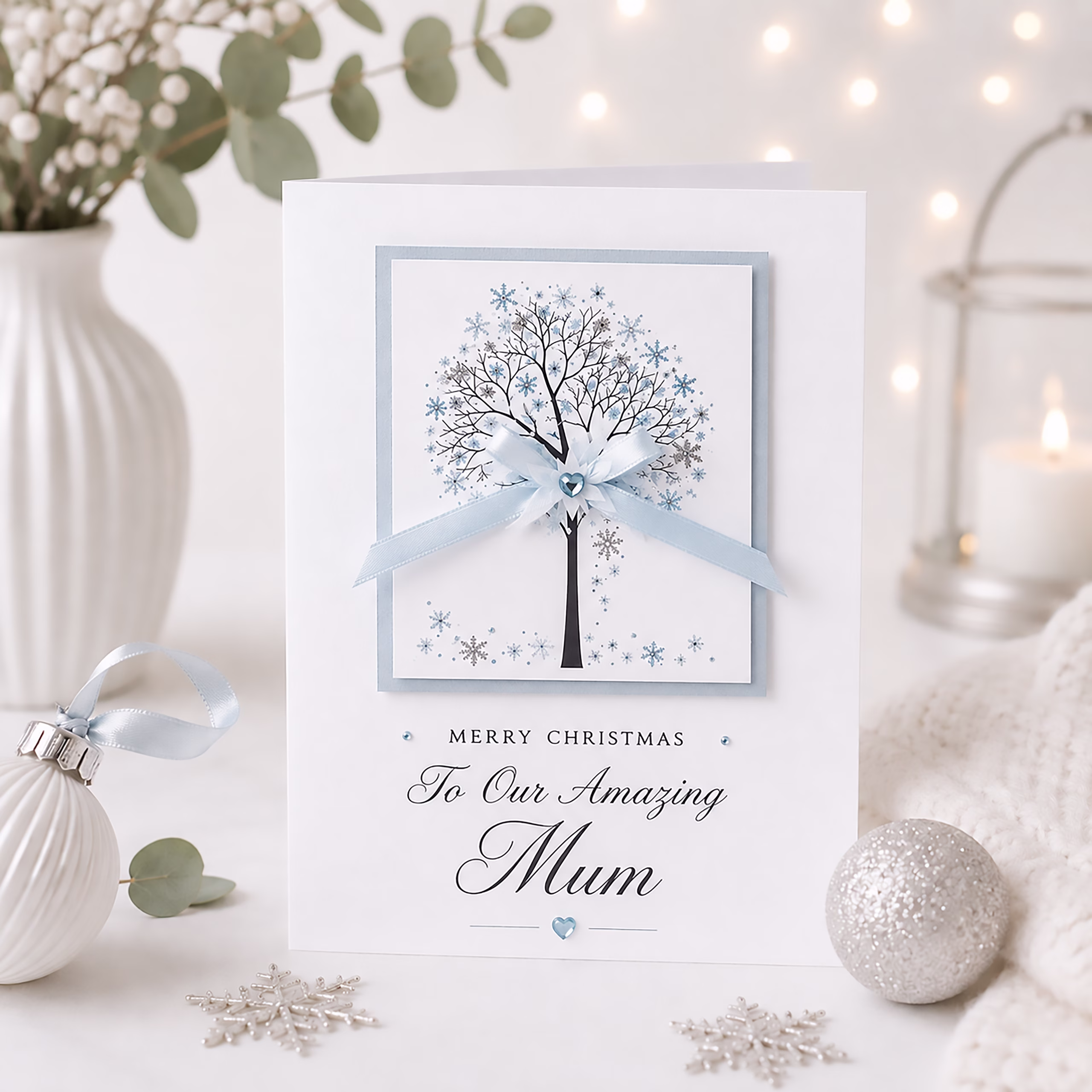 White Christmas card featuring a delicate winter tree surrounded by blue and silver snowflakes, finished with a pale blue satin bow.