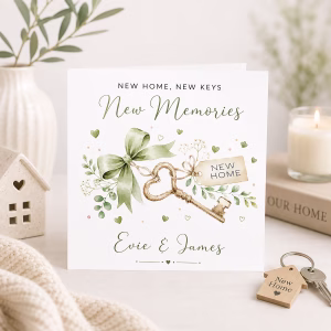 Personalised new home card featuring a gold key, sage green bow, foliage and New Home tag with the couple's names.