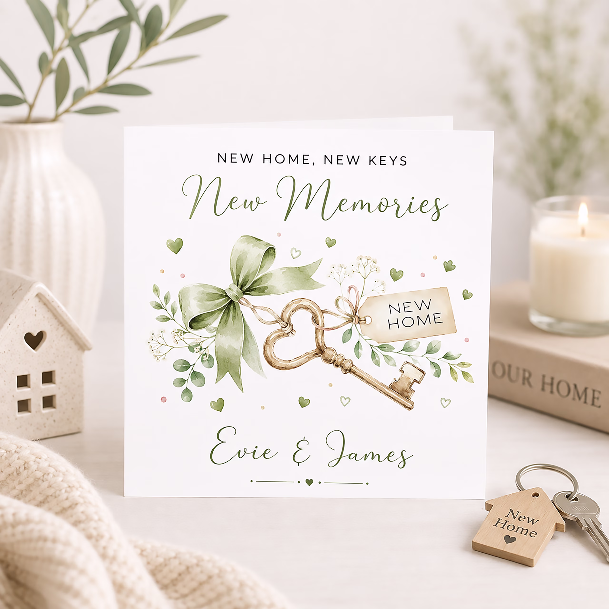 Personalised new home card featuring a gold key, sage green bow, foliage and New Home tag with the couple's names.