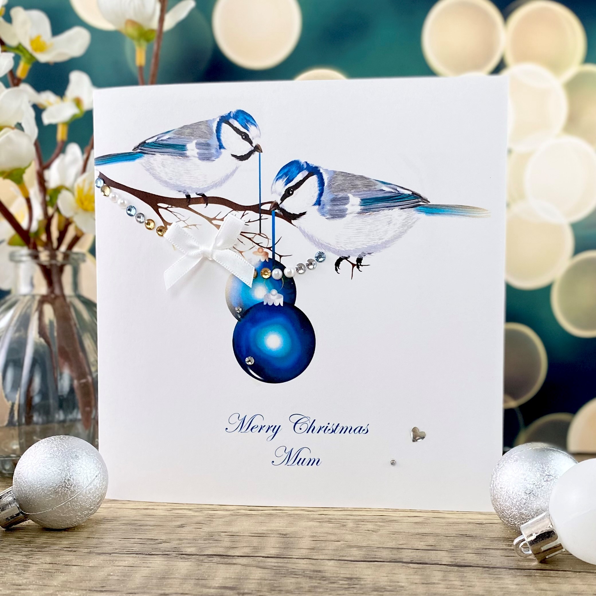 Handmade Christmas Card Blue Tits for Mum 150mm square size