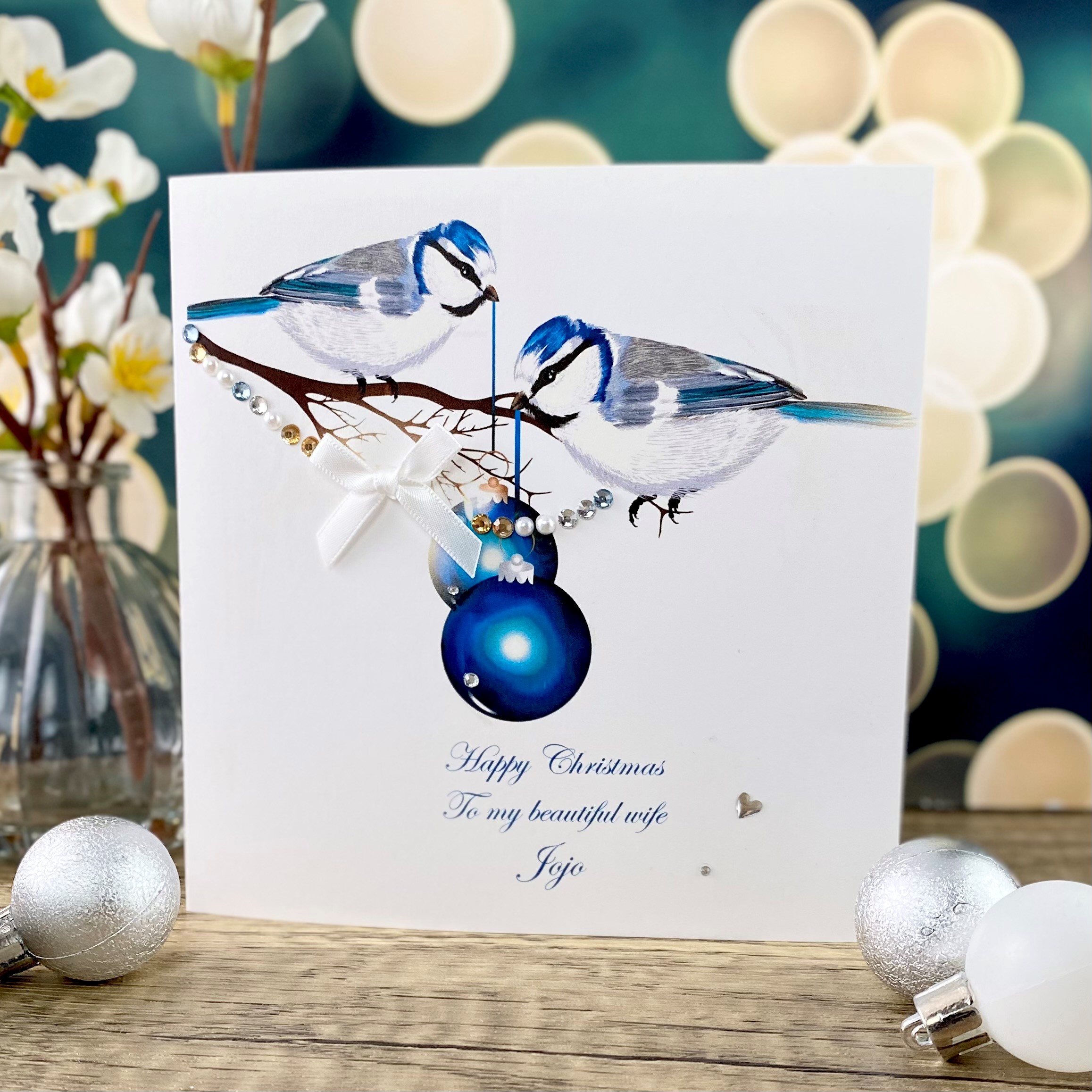 Handmade Christmas Card Blue Tits for Wife 150mm square size.jpg