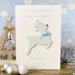 Handmade Christmas Card Sparkling Baby Blue Reindeer A5 Large Card