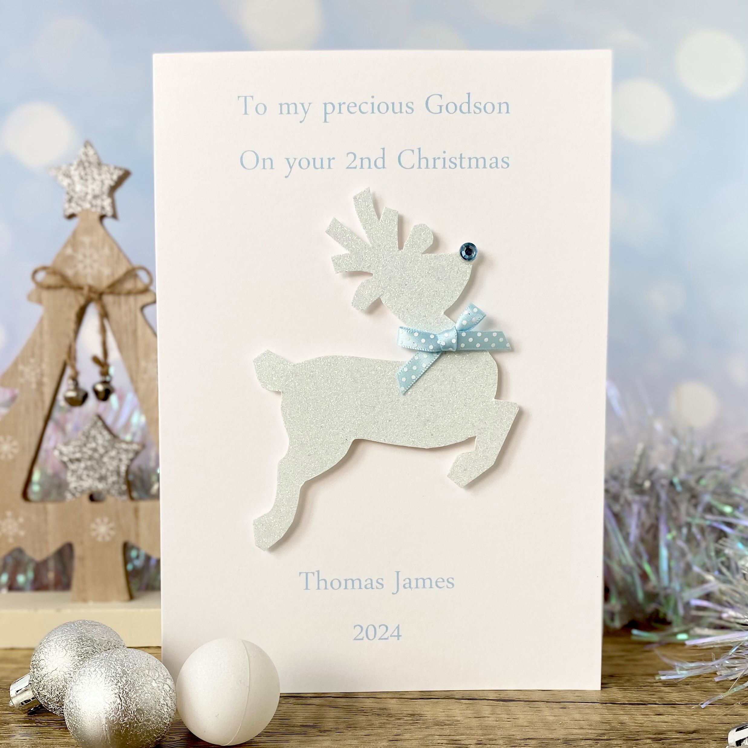 Handmade Christmas Card Sparkling Baby Blue Reindeer A5 Large Card