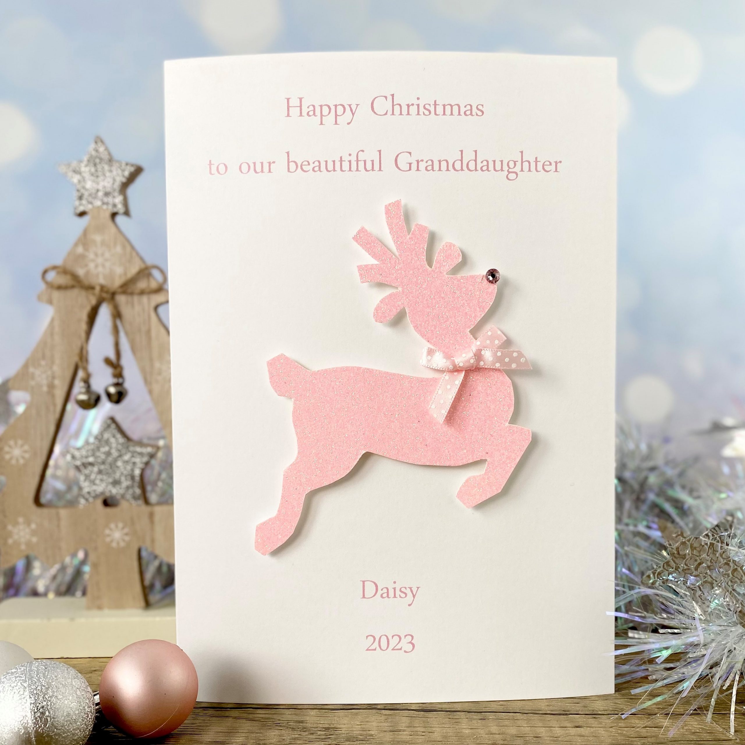 Handmade Christmas Card Sparkling Baby Pink Reindeer A5 Large Card