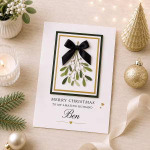Personalised Christmas card displayed on a light festive background, featuring mistletoe, a black bow, gold edging and and name