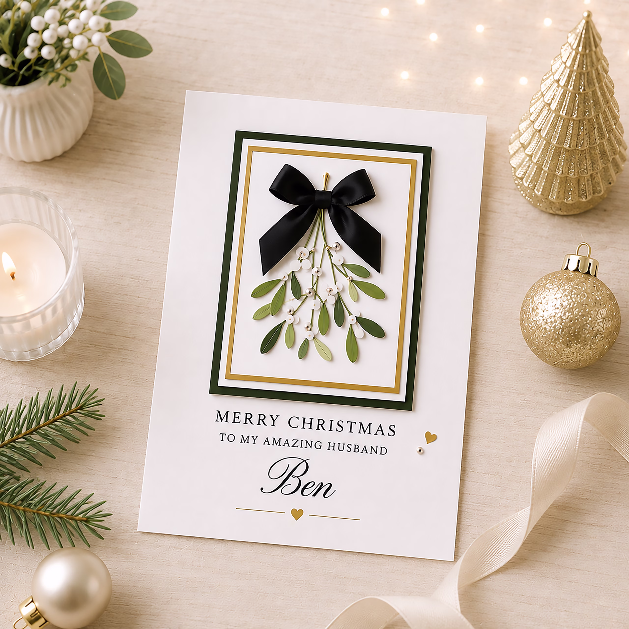 Personalised Christmas card displayed on a light festive background, featuring mistletoe, a black bow, gold edging and and name