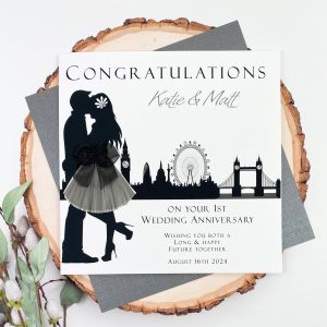 Handmade Wedding Anniversary Card Couple in London Skyline