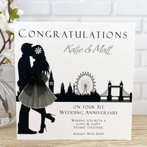 Handmade Wedding Anniversary Card Couple in London Skyline square cards