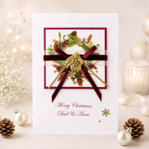 Personalised luxury Christmas wreath card with burgundy velvet ribbon, gold detailing and festive foliage, handmade with your choice of names and Christmas wording.