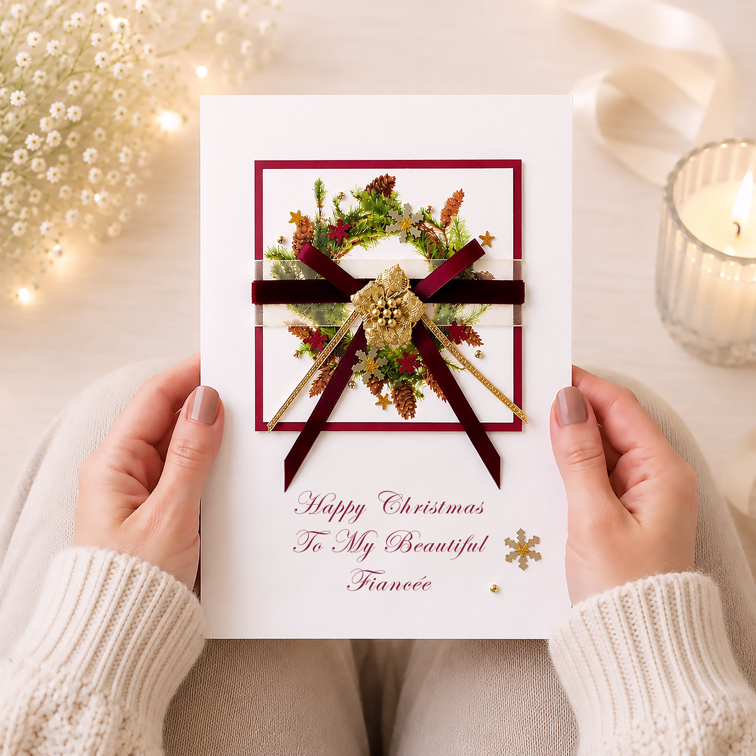 Personalised luxury Christmas wreath card with burgundy velvet ribbon, gold detailing and festive foliage, handmade with your choice of names and Christmas wording.