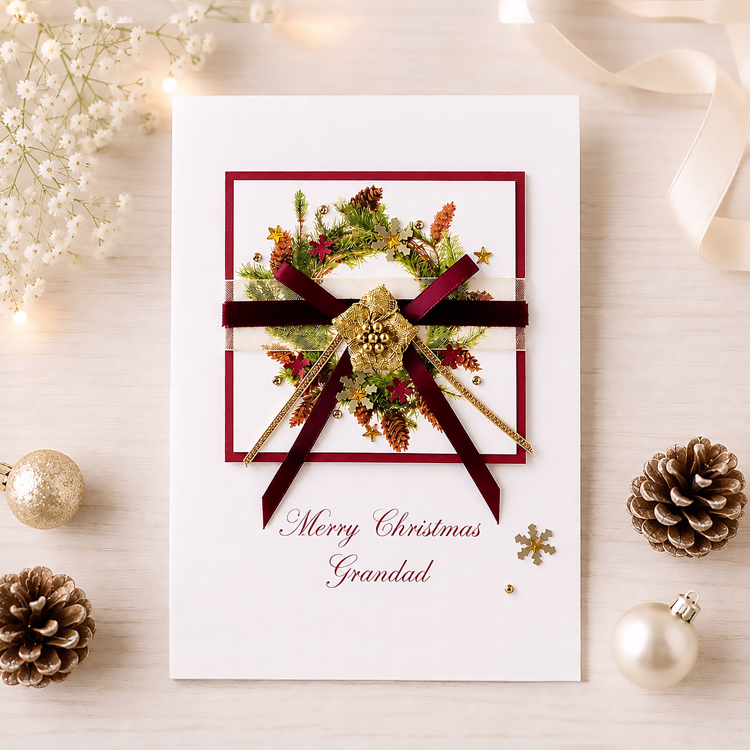 Personalised luxury Christmas wreath card with burgundy velvet ribbon, gold detailing and festive foliage, handmade with your choice of names and Christmas wording.