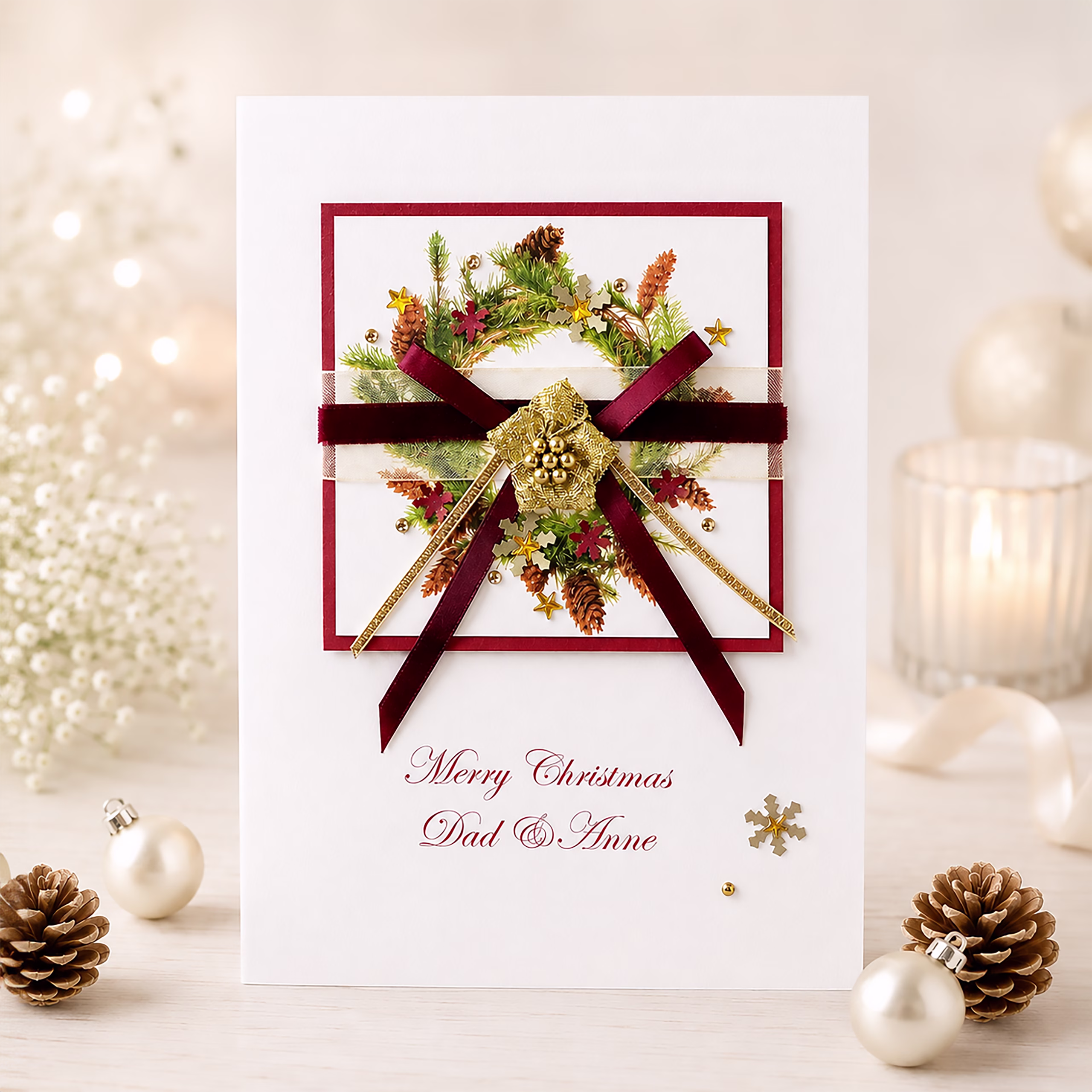Personalised luxury Christmas wreath card with burgundy velvet ribbon, gold detailing and festive foliage, handmade with your choice of names and Christmas wording.