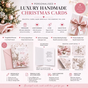 Guide to personalised luxury handmade Christmas cards showing A5 card size, paper insert, matching presentation envelope and personalisation options.