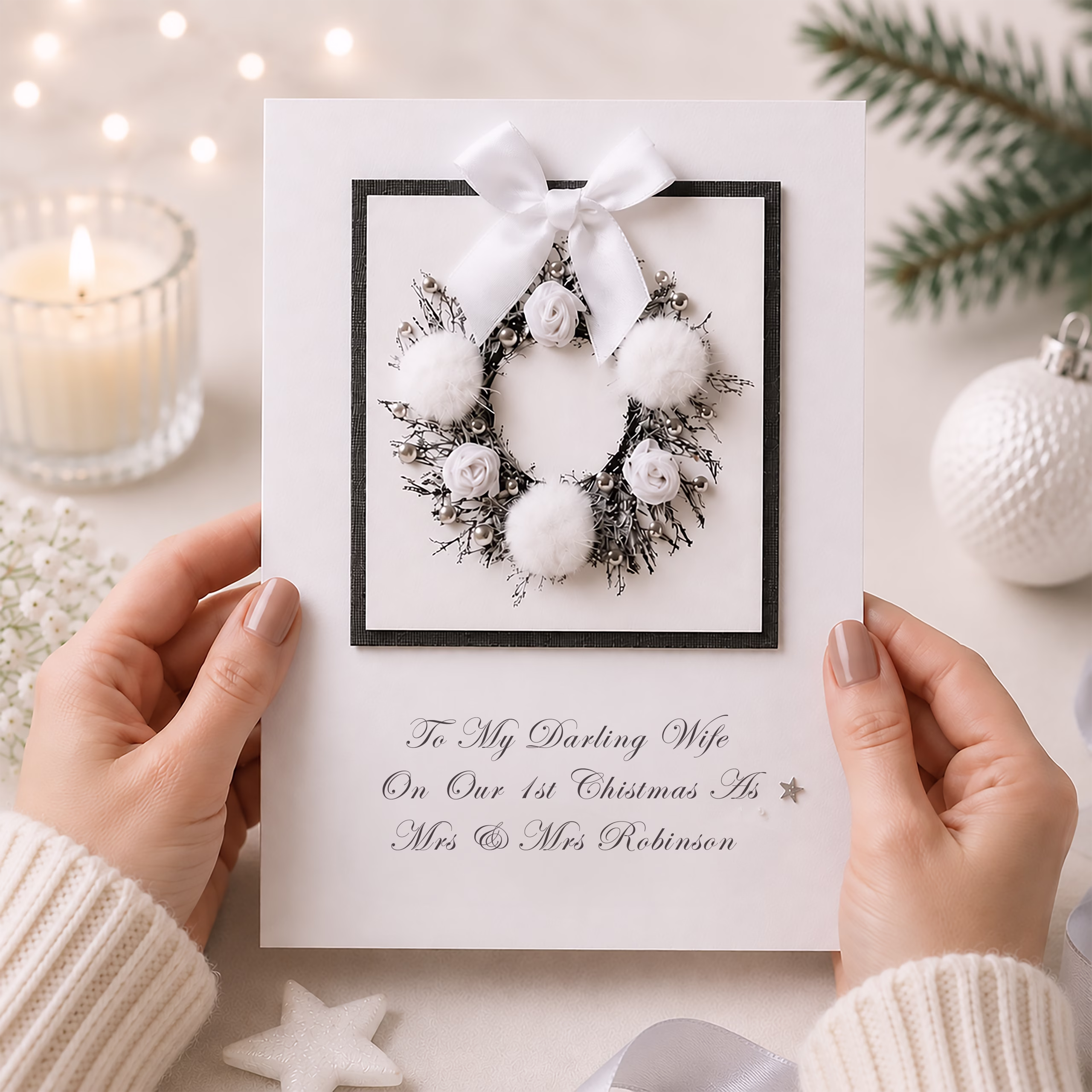 Personalised luxury white Christmas wreath card with elegant silver details, white roses and satin bow, customised with your choice of name and Christmas wording.