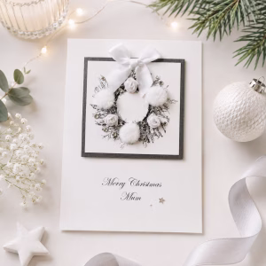 Personalised luxury white Christmas wreath card with elegant silver details, white roses and satin bow, customised with your choice of name and Christmas wording.