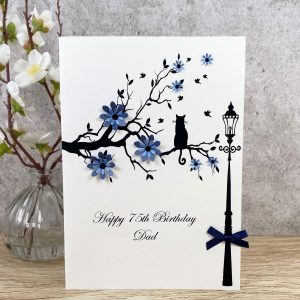 Handmade Birthday Card Blue Cat in Branch A5 Card