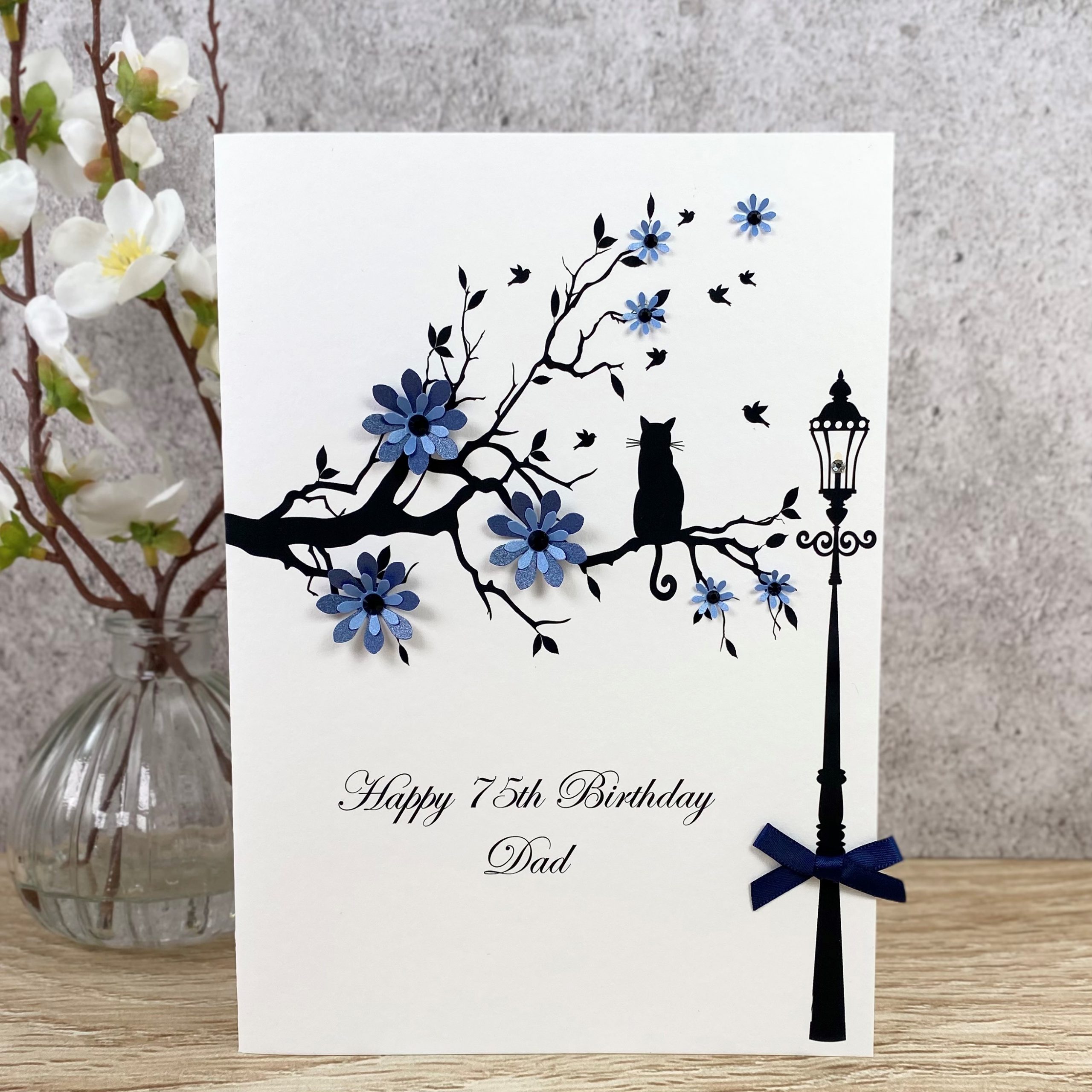 Handmade Birthday Card Blue Cat in Branch A5 Card