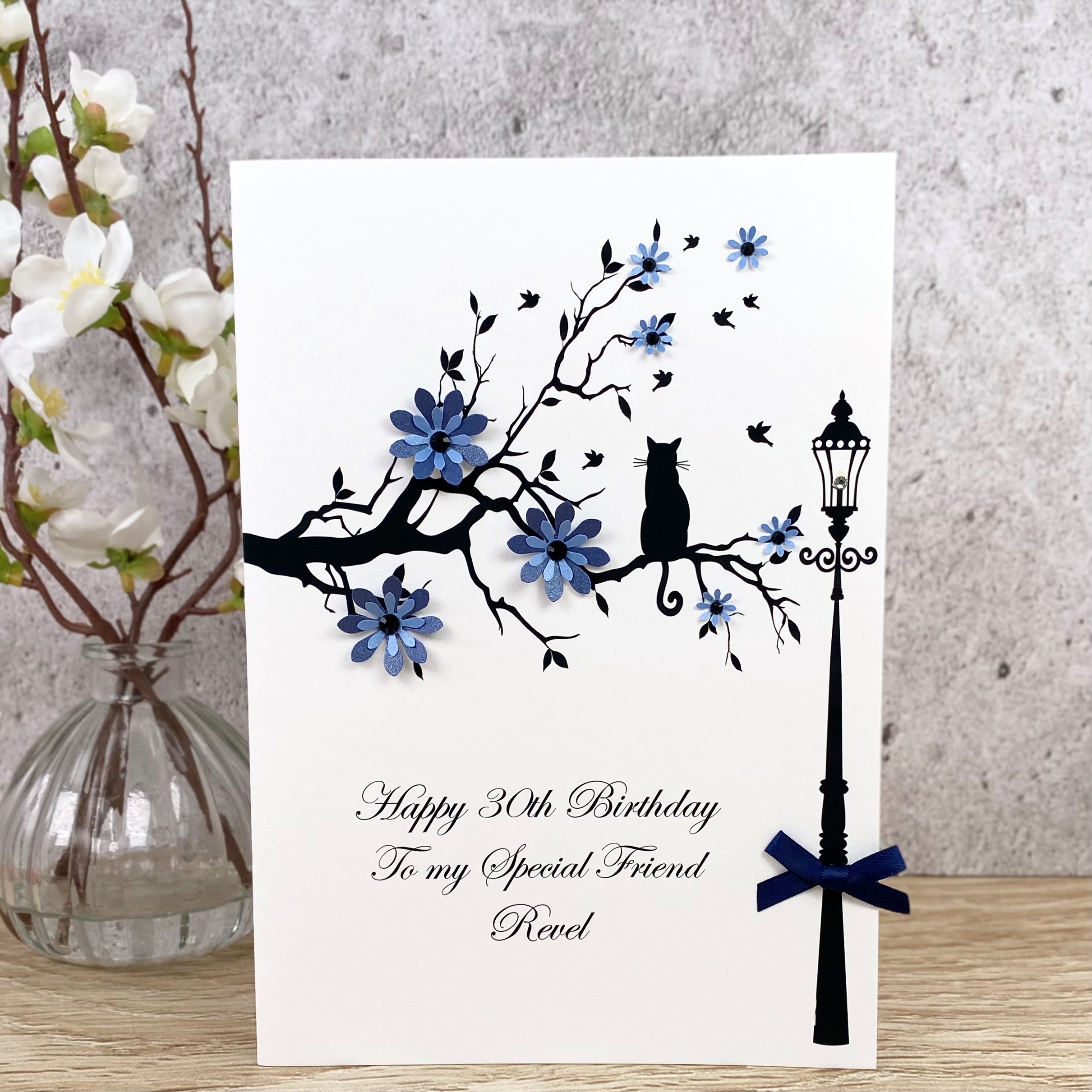 Handmade Birthday Card Blue Flowers Cat in Branch A5 Card