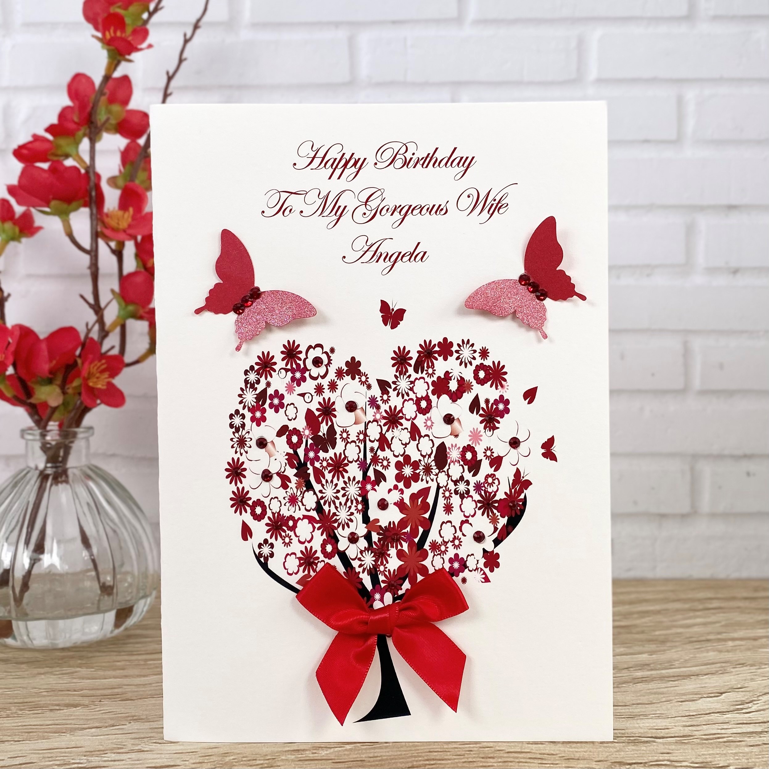 Handmade Birthday Card Red Floral Heart Tree A5 Large Card