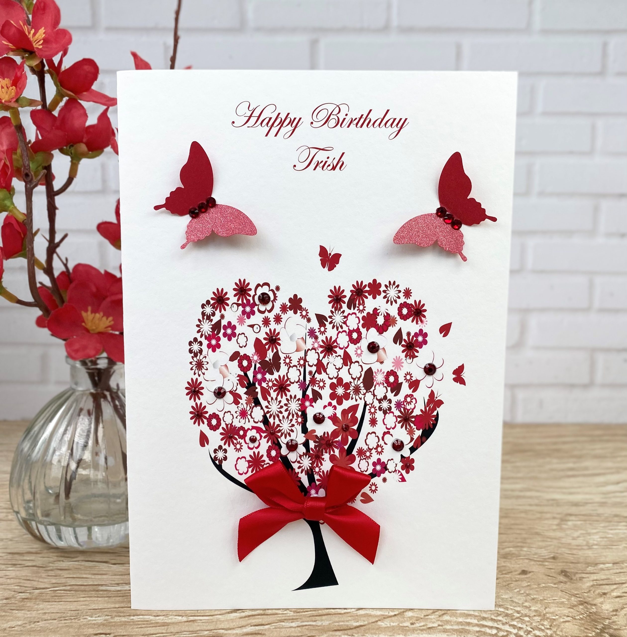 Handmade Birthday Card Red Floral Tree A5 Card