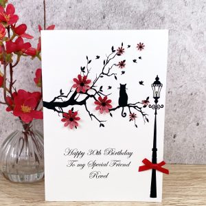 Handmade Birthday Card Red Flowers Cat in Branch A5 Cards