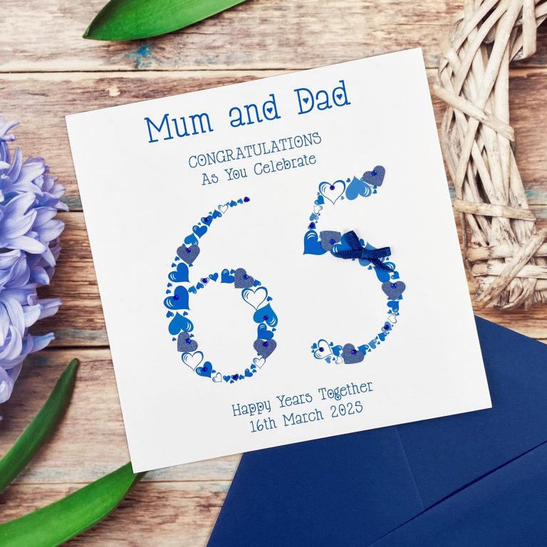 Handmade 65th Blue Sapphire Wedding Anniversary Card ‘Sapphire Hearts’