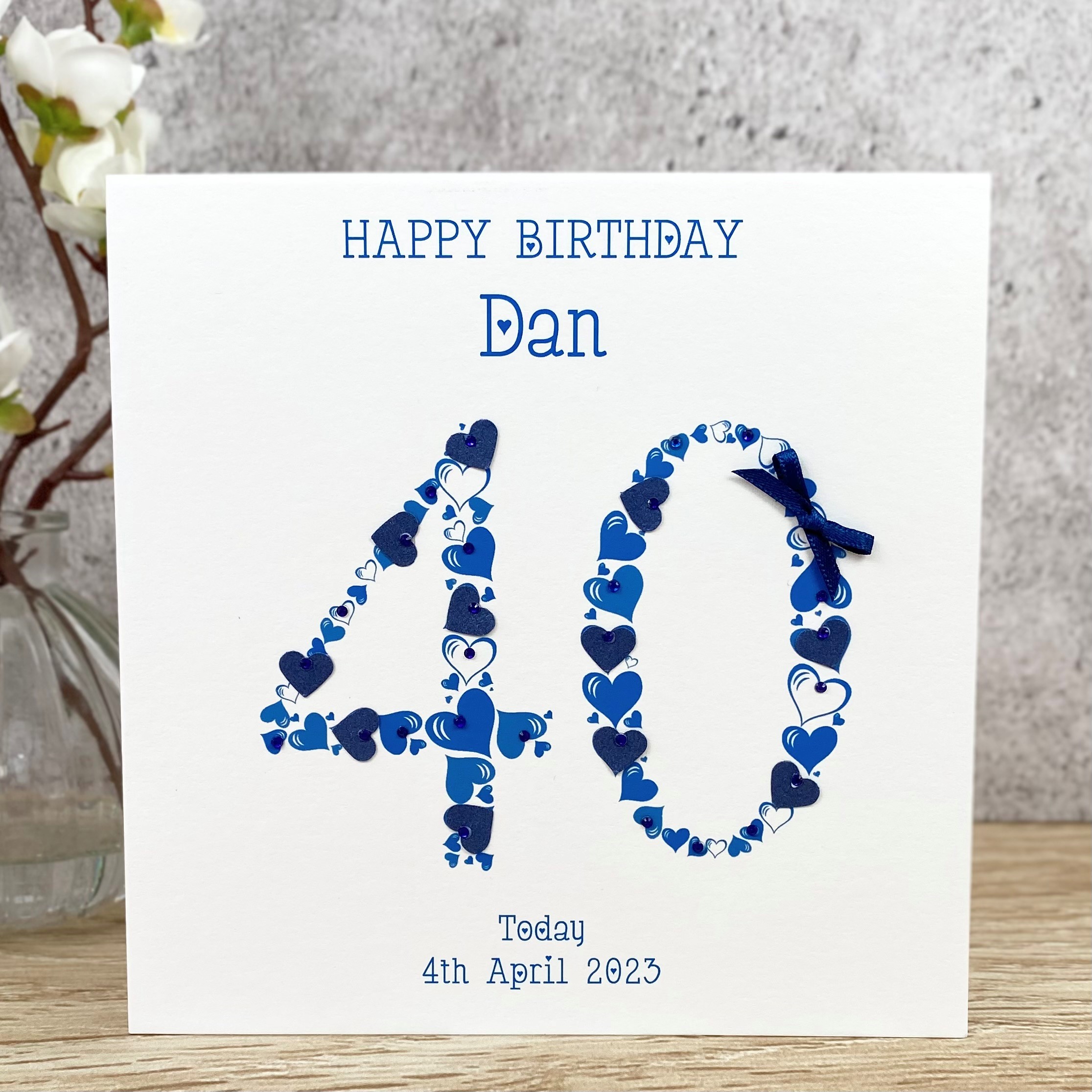 Handmade Birthday Card Age 40 Blue Square Card