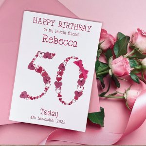 Handmade Birthday Card Cerise Pink Heart Numbers 50 A5 Large Card