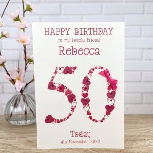 Handmade Birthday Card Cerise Pink Heart Numbers 50 Large Card