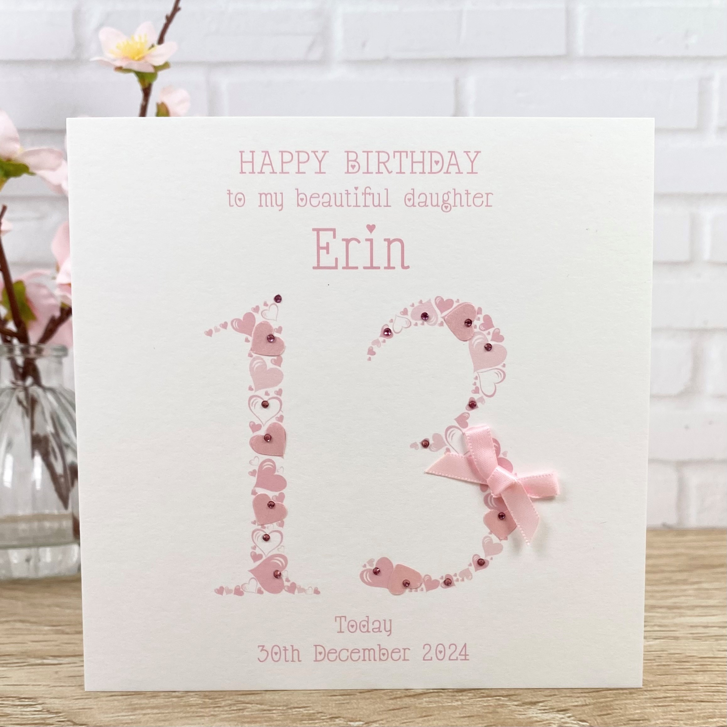 Handmade Birthday Card Heart Numbers Age 13 Pink Square Card