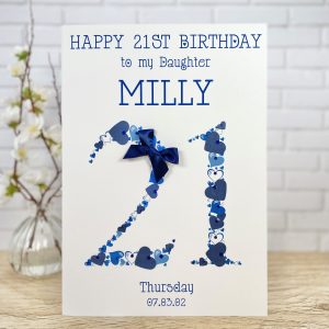 Handmade Birthday Card Heart Numbers Age 21 Blue A4 Extra Large Card