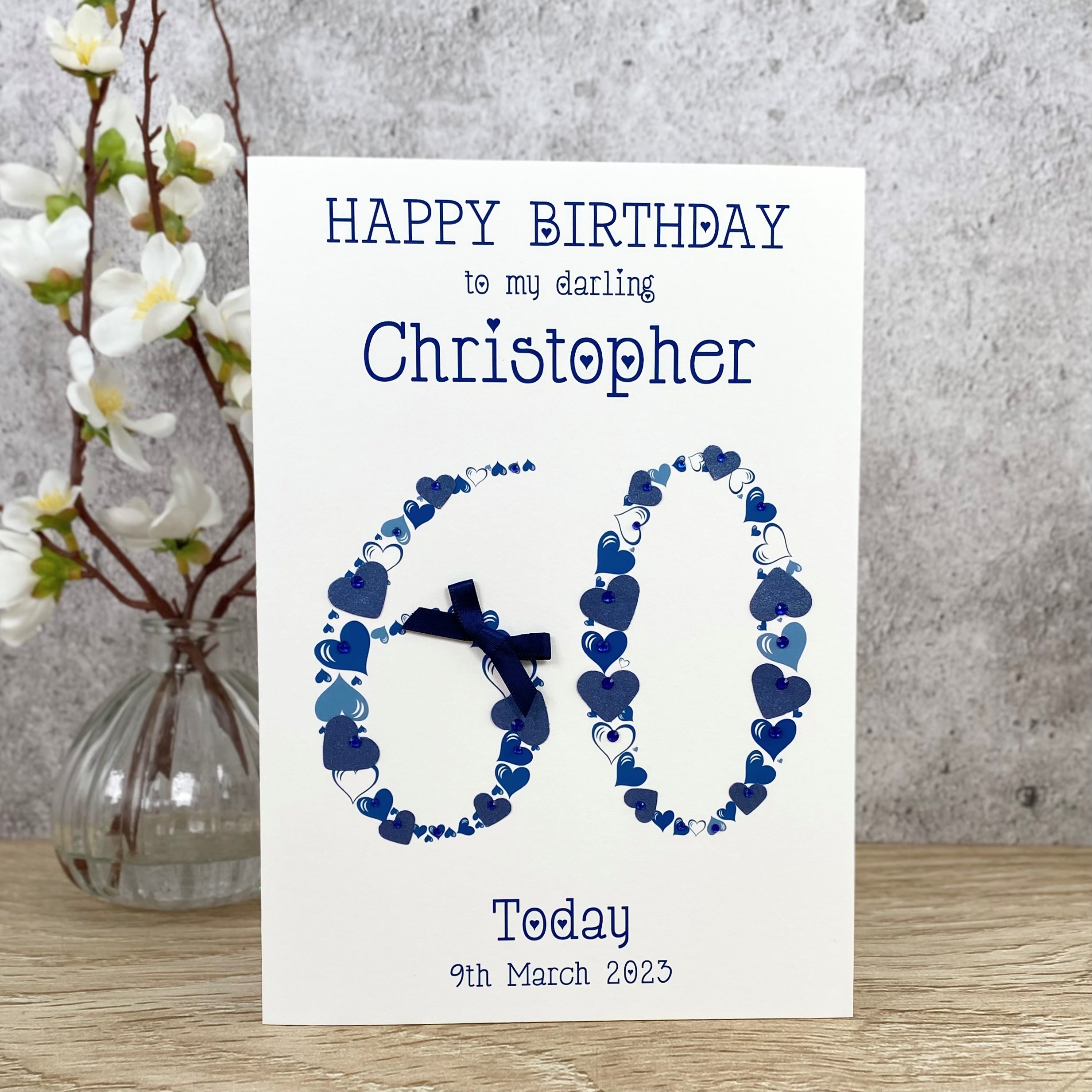 Handmade Birthday Card Heart Numbers Age 60 Blue A5 Large Card