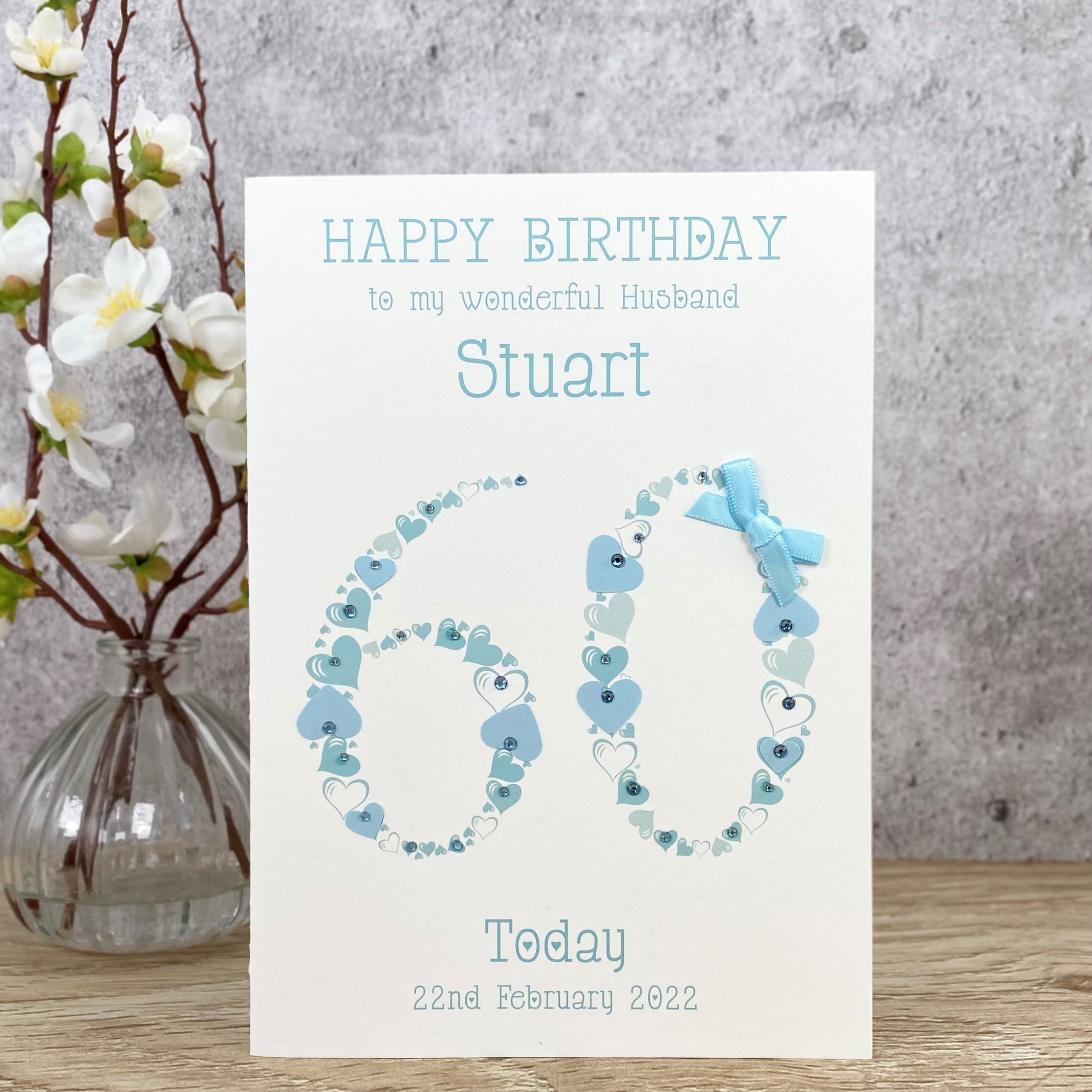 Handmade Birthday Card Light Blue Heart Numbers 60 A5 Large Card