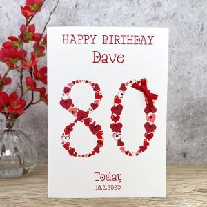 Handmade Birthday Card Red Heart Numbers 80 A5 Large Card