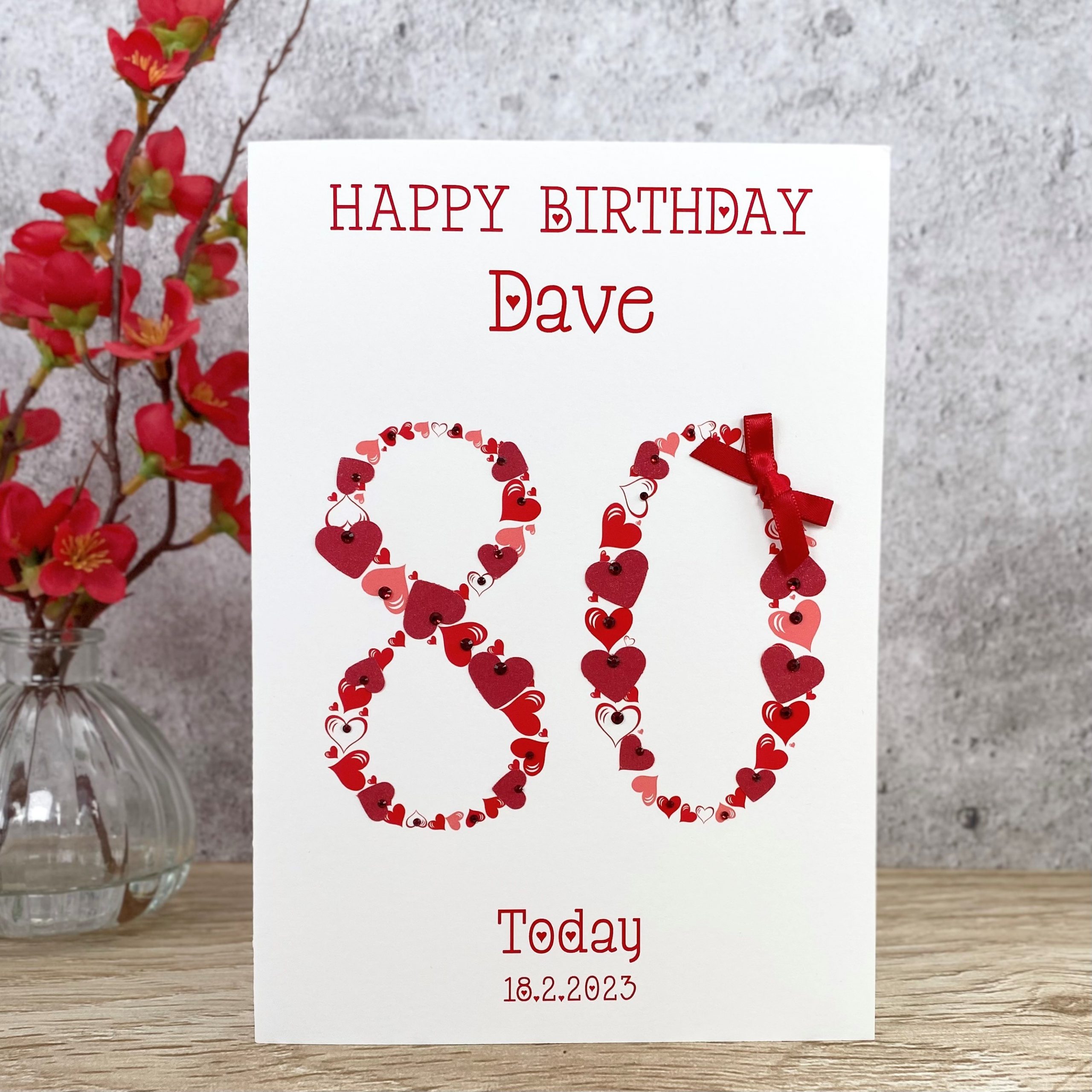 Handmade Birthday Card Red Heart Numbers 80 A5 Large Card