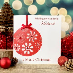 Handmade Christmas Card Christmas Red Bauble 150mm square Size Card