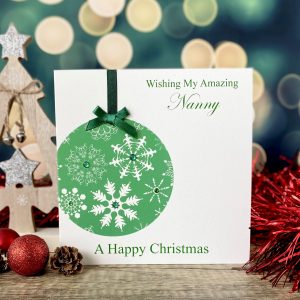 Handmade Christmas Card Green Snowflake Bauble 150mm square size