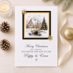 Personalised luxury Christmas card featuring an elegant snowy winter cottage scene with Christmas tree, gold details and custom name and relationship wording.