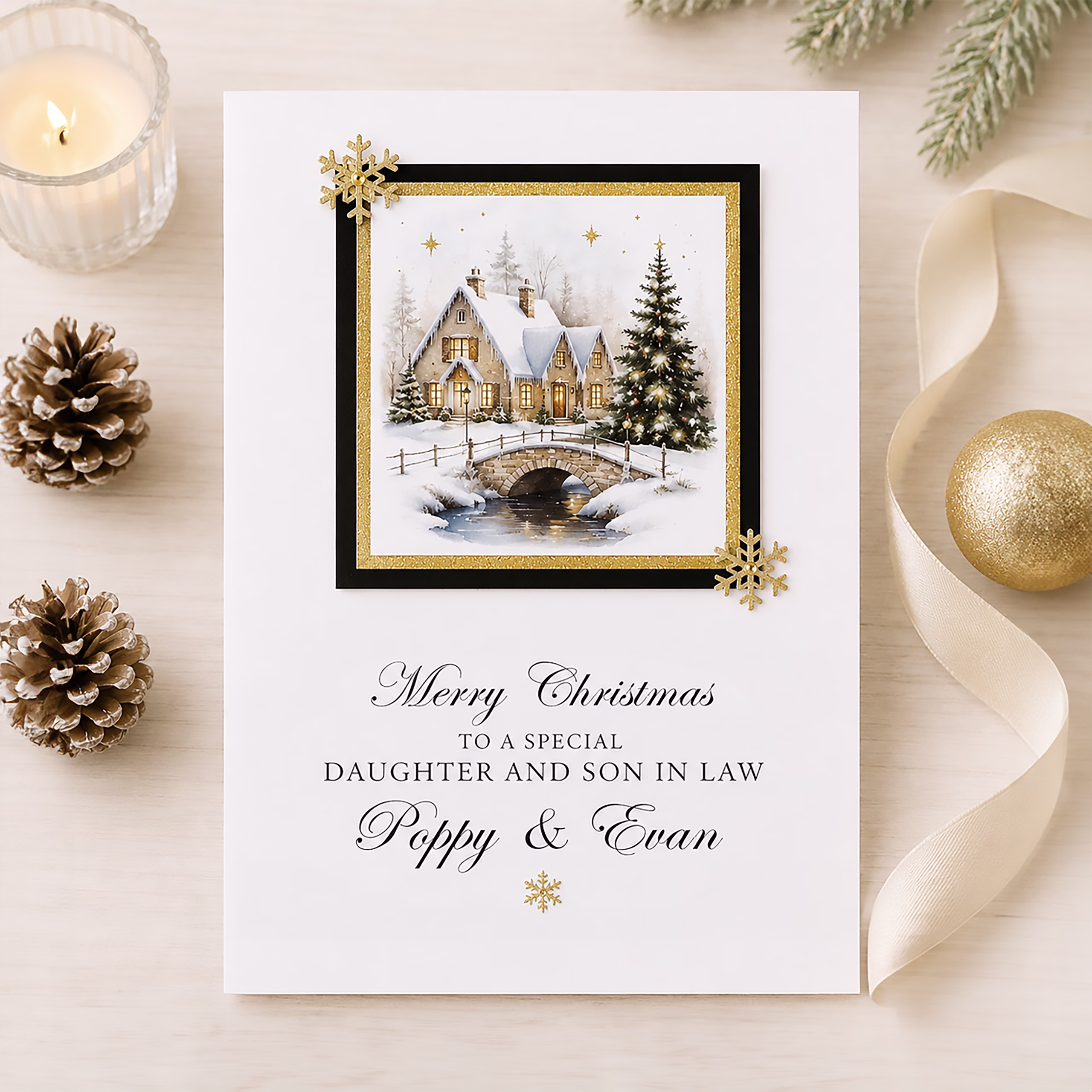 Personalised luxury Christmas card featuring an elegant snowy winter cottage scene with Christmas tree, gold details and custom name and relationship wording.