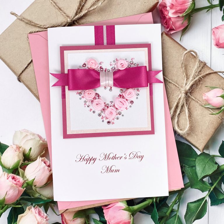 Luxury Handmade Mother’s Day Card ‘Pink Rosebud Heart’