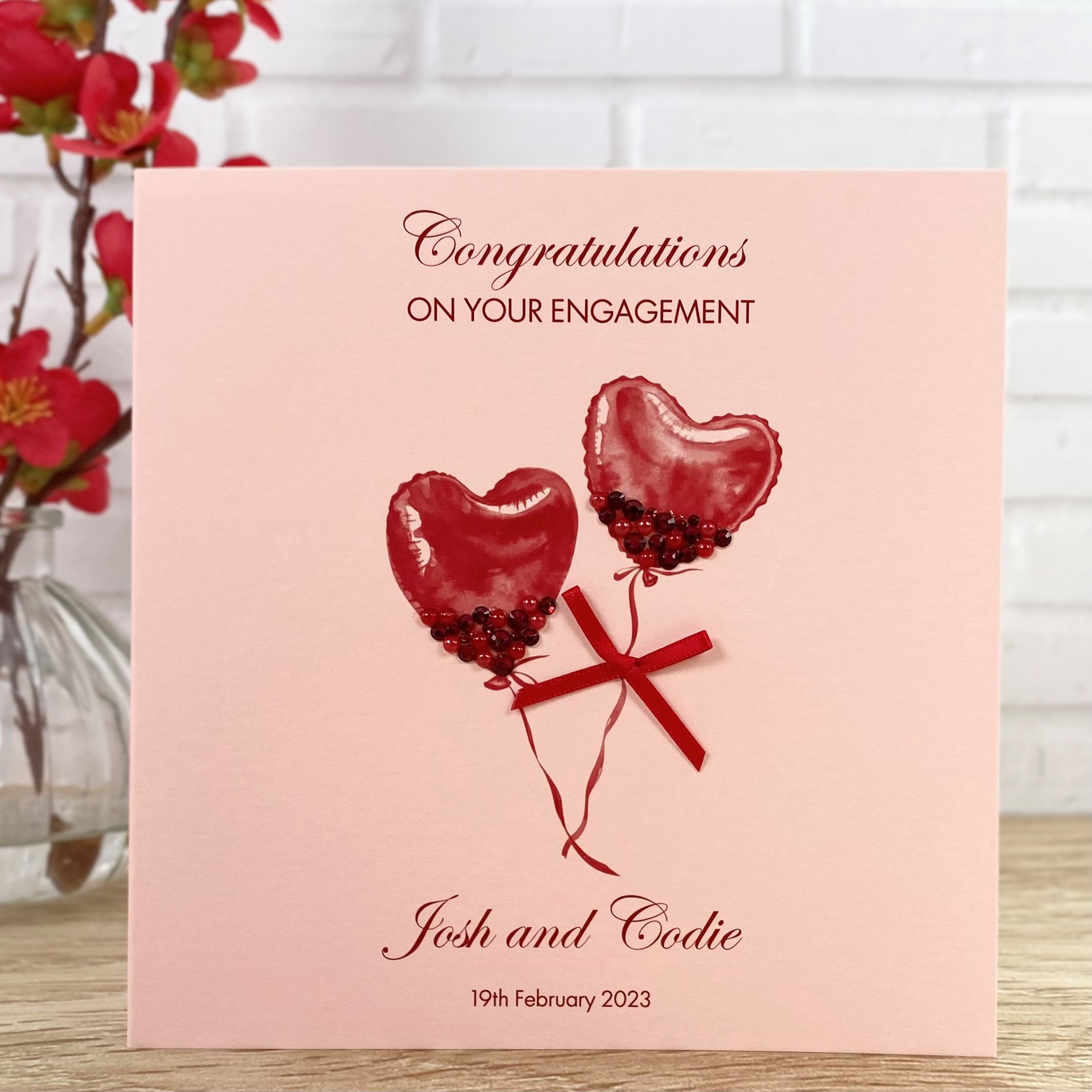 Handmade Engagement Card Red Heart Balloons Square Card