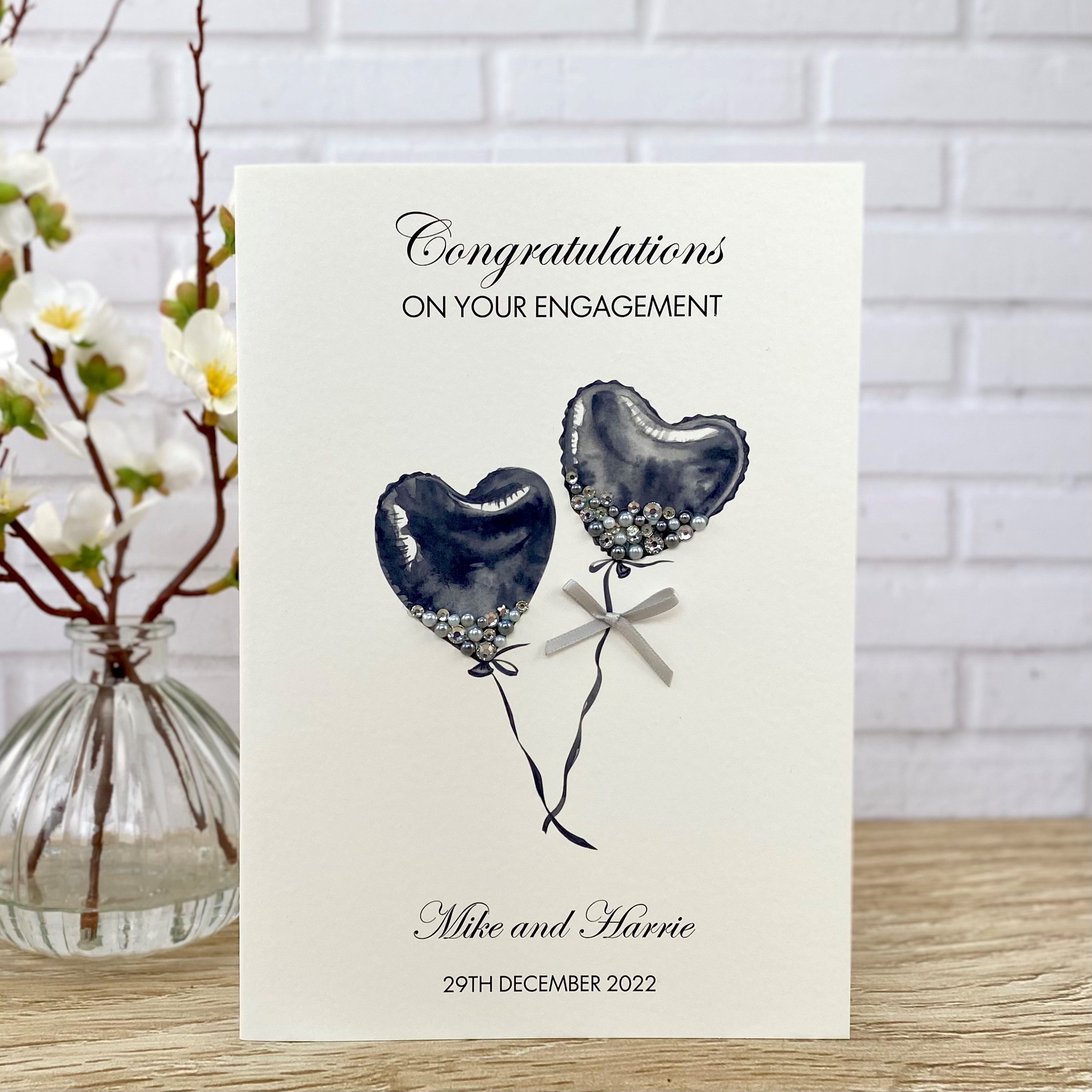 Handmade Engagement Card jewel encrusted heart balloons A5 Large Card