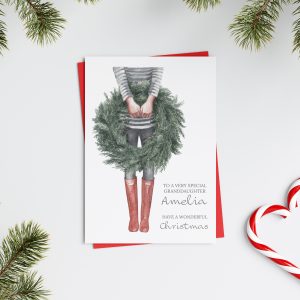 Personalised Christmas Card Girl with Wreath