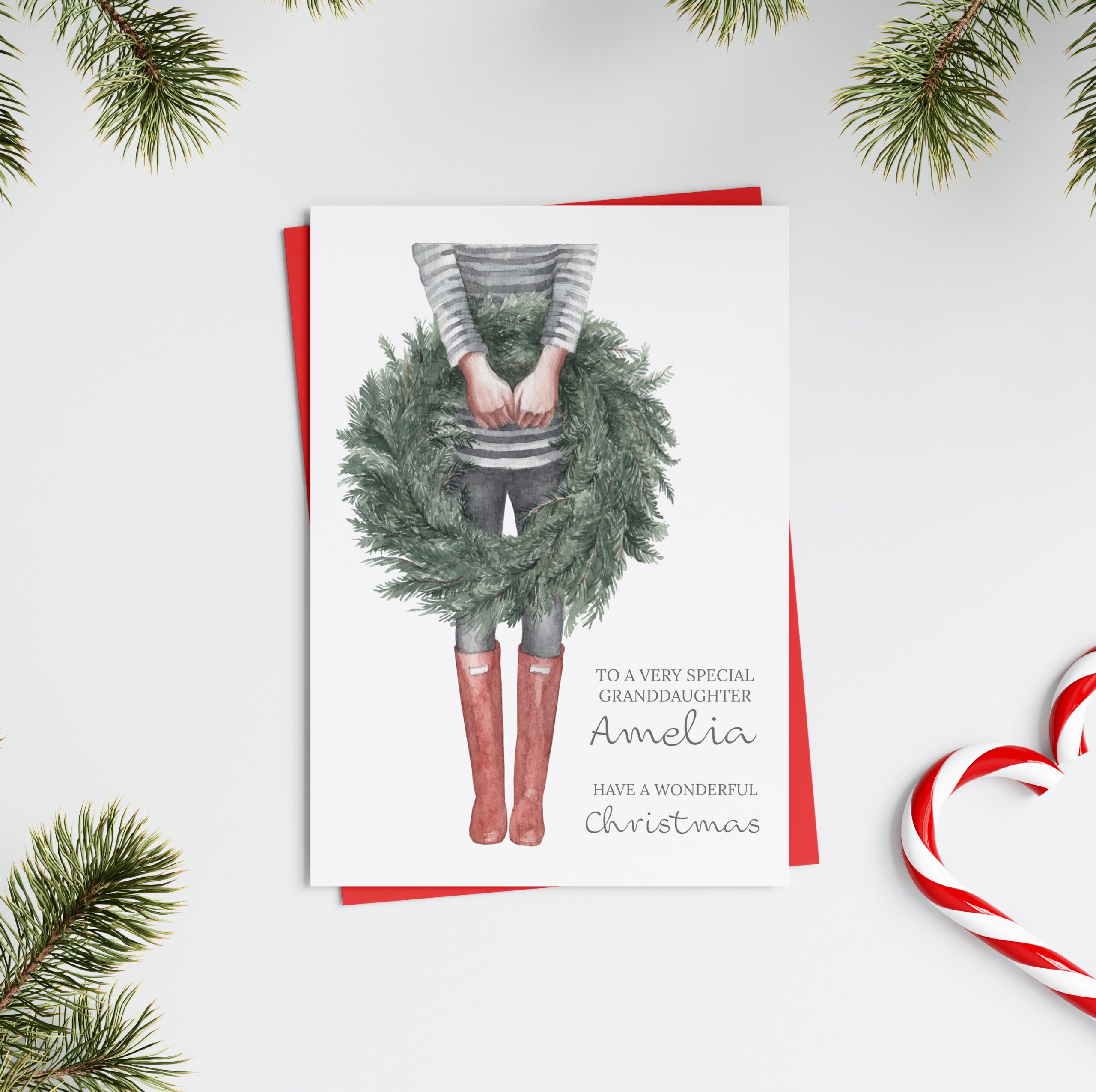 Personalised Christmas Card Girl with Wreath