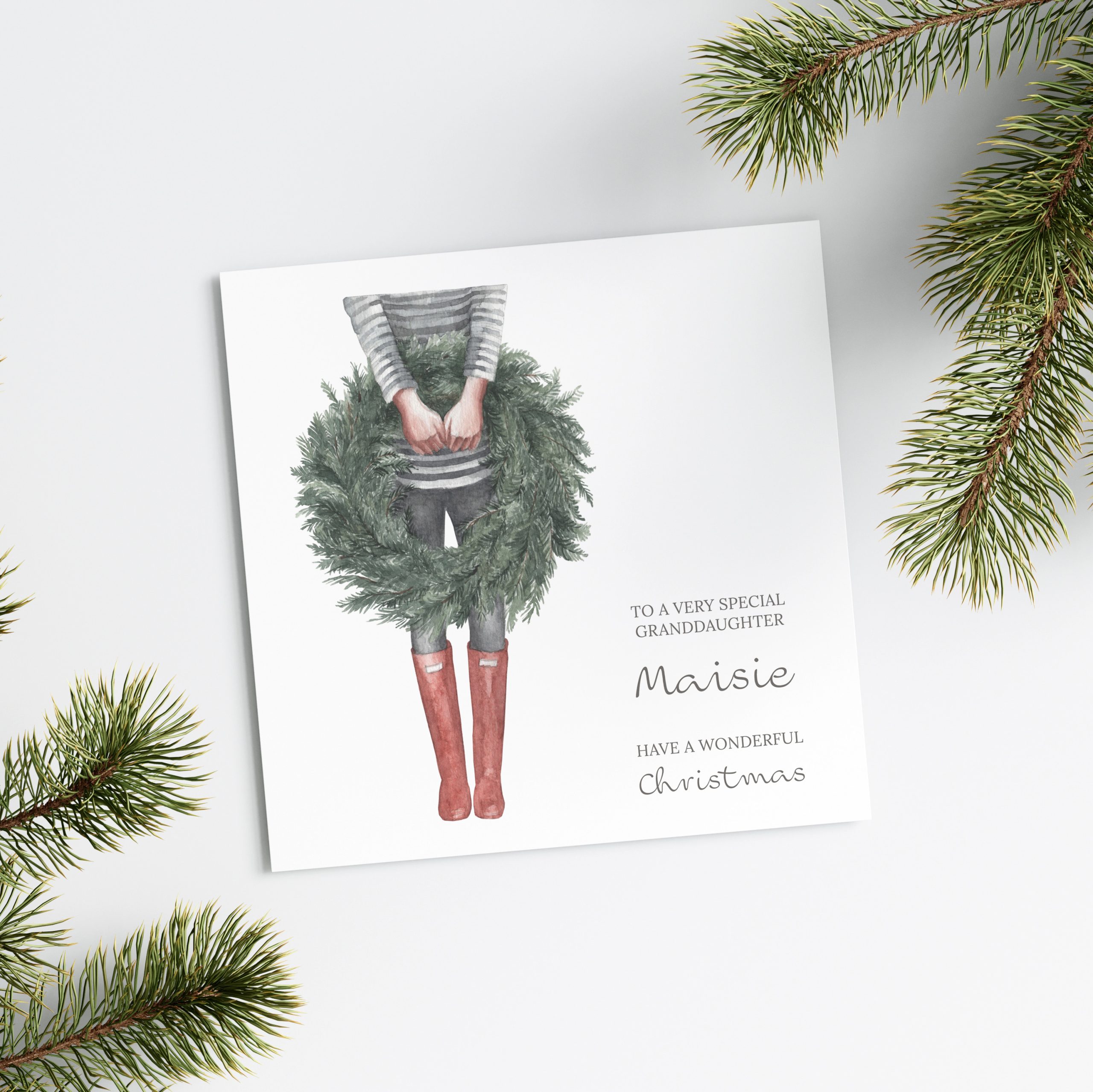 Personalised Christmas Card Girl with Wreath