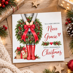 Special Niece Christmas card with personalised name and Christmas wreath illustration