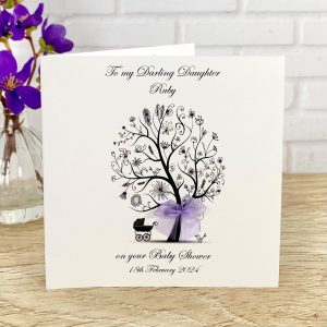 Handmade Baby Shower Tree with Lilac Pram A5 Large Card