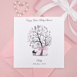 Handmade Baby Shower Tree with Pink Pram Square Card