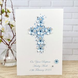 Handmade Baptism Card Blue Floral Cross A5 Large Card