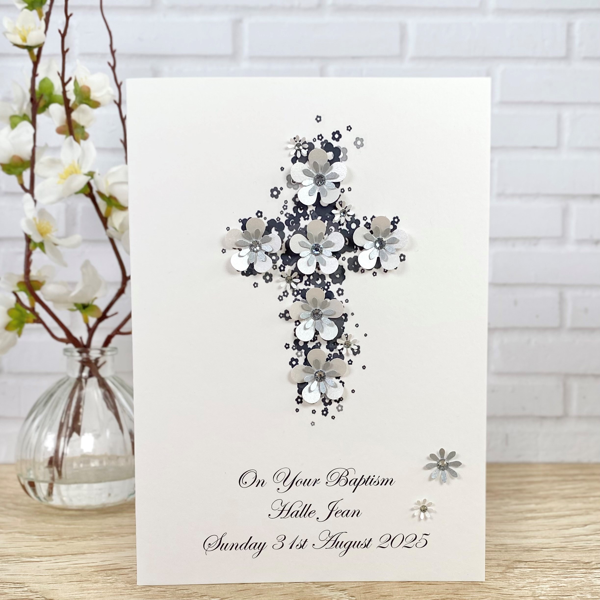 Handmade Baptism Card Silver Floral Cross A5 Large Card